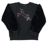 Černá teplákovo/chlupatá mikina s jednorožcem z flitrů Tu