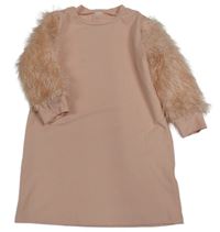 Ružové rebrované šaty s chlpatymi rukávy