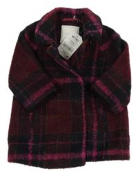 Nové - Vínovo-černo-fuchsiový kostkovaný podšitý kabát Next