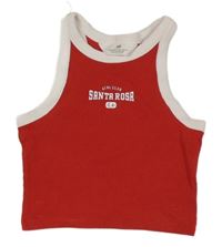 Červený rebrovaný crop top s nápisom H&M