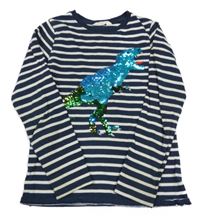 Tmavomodro-béžové pruhované triko s dinosaurem z překlápěcích flitrů H&M