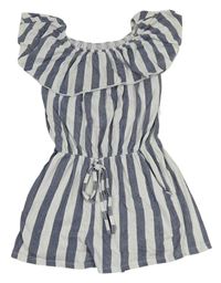 Tmavomodro-bílý pruhovaný bavlněný kraťasový overal s volánem