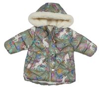 Khaki-barevná šusťáková zimní bunda s jednorožci a kapucí Next