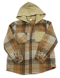 Hnedo-béžová kockovaná úpletová košeľová bunda s kapucňou