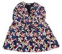 Tmavomodro-barevné květované manšestrové šaty 