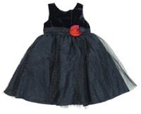 Tmavomodré sametové/tylové trblietavé slávnostné šaty s květem H&M