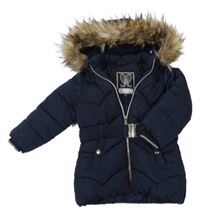 Tmavomodrá šusťáková zimní bunda s kapucí s kožešinou C&A