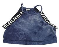 Tmavomodrý batikovaný crop top s nápismi Shein