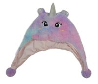 Ružovo-modrá kožušinová čapica s rohem - jednorožec