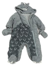 Šedá fleecová zateplená kombinéza s kapucí + rukavice - dino Next