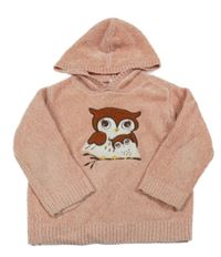 Růžový žinylkový svetr se sovou a kapucí Dopodopo