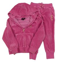 2set - Růžová plyšová propínací mikina s nápisem z kamínků a kapucí + růžové plyšové tepláky Juicy Couture