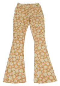 Oranžovo-bielo-farebné kvetované rebrované flare legíny