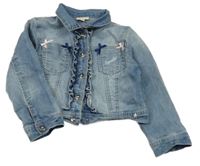 Svetlomodrá tepláková rifľová crop bunda s mašľami