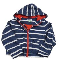 Tmavomodro-biela pruhovaná šušťáková jarná bunda s kapucňou