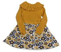 Hořčicovo-bílo-tmavomodré svetrové šaty s květovanou sukní a volánkem 