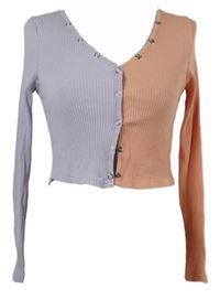 Dámské lila-růžové propínací crop žebrované triko Shein 