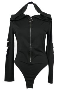 Dámske čierne body s prestrihmi a kapucňou Shein