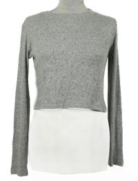 Dámské šedé žebrované crop úpletové triko s kamínky Zara 