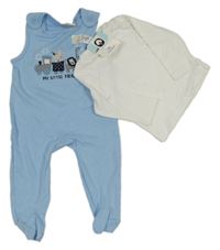 Nové - 2set - Bílé triko + světlemodré dupačky se zvířátky Topomini