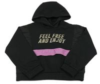 Čierno-ružová crop mikina s nápisom a kapucňou Zara