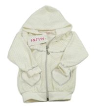 Nové - Biela bodkovaná á trblietavá zamatová propínancí mikina s volánikom a kapucňou