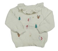 Smotanový sveter s vánočními výšivkami a golierikom Nutmeg