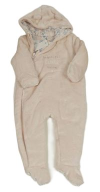 Nové - Svetloružová chlpatá zateplená kombinéza s nápisom a kapucňou Mothercare