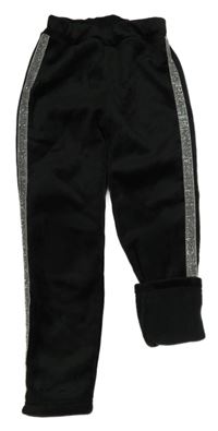 Čierne plyšové zateplené legíny so strieborným pruhom