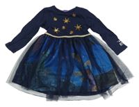 Tmavomodré bavlněno/tylové šaty s vločkami z flitrů Disney