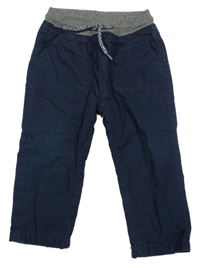 Tmavomodré plátenné podšité nohavice s úpletovým pasom