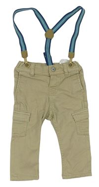 Béžové plátenné nohavice s trakami a vreckami H&M
