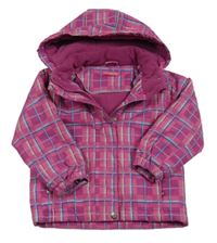 Růžovo-modro-bílá kostkovaná šusťáková zimní bunda s kapucí Yd. 