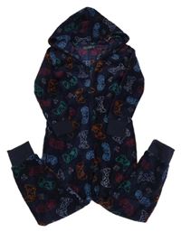 Tmavomodrá chlpatá kombinéza s ovladači a kapucňou