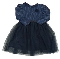 Tmavomodré bavlněné šaty s puntíky a tylovou sukní Kids