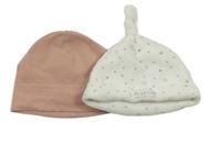 2set - Starorůžová bavlněná + bílá sametová čepice s hvězdičkami 