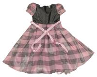 Růžovo-šedé kostkované slavnostní šaty s mašlí