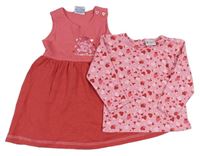 2Set - Rezavo-jahodové šaty s medvídkem + ružové tričko so srdiečkami Berti