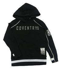 Čierna tech fleece futbalová mikina s nápisom a vreckom a kapucňou