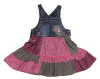 Modro-růžovo-hnědošedé riflovo/plátěné šaty s kytičkami a puntíky a volánky Matalan