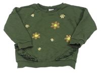 Khaki melírovaná oversize mikina s kvetmi a flitrami a volánikmi C&A