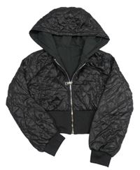 Černý prošívaný šusťákový lehce zateplený crop bomber s kapucňou SHEIN
