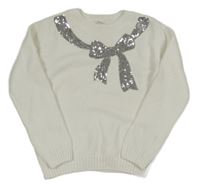 Bílý žinylkový svetr s mašlí z flitrů PRIMARK