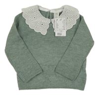 Nové - olivový melírovaný vlněný svetr s límečkem s madeirou H&M