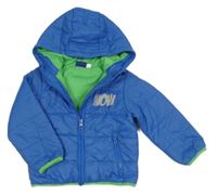 Modrá prešívaná šušťáková zateplená bunda s nápismi a kapucňou lupilu