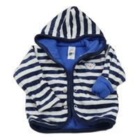 Tmavomodro-bílá pruhovaná sametová propínací podšitá mikina s medvídkem a kapucí C&A