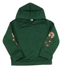 Tmavozelená tepláková mikina s kvietkami a kapucňou SHEIN