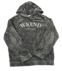 Tmavosivá plyšová mikina s nápismi a kapucí - mačička H&M