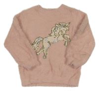 Svetloružový chlpatý sveter s jednorožcem z flitrů F&F