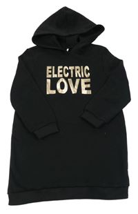 Černé teplákové teplé šaty se zlatými nápisy a kapucí SHEIN